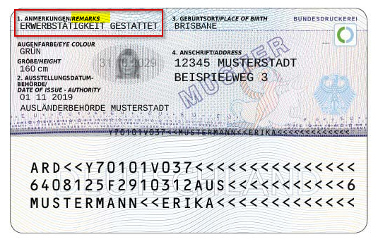 Remarks Field on the Back Side of German Residence Permit